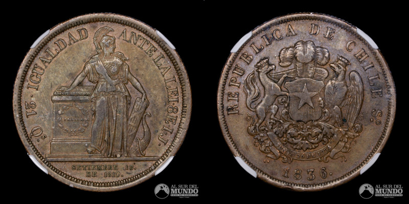 Chile, Santiago. Ensayo de 8 Escudos 1836. Cobre; 18,25 g.; 35 mm. NGC XF40 BN; ...