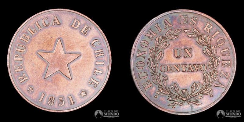 Chile, ceca de Birmingham (Reino Unido, Heaton & Sons). 1 Centavo. 1851. Con mar...