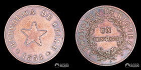 Chile. 1 Centavo. 1851 (variante: estrella plana, ceca Heaton).