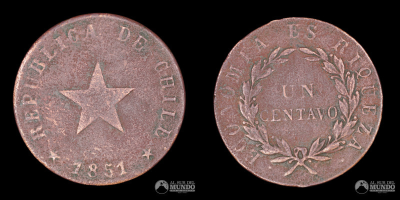 Chile, ceca de Birmingham (Reino Unido, Heaton & Sons). 1 Centavo 1851. Cobre; 1...