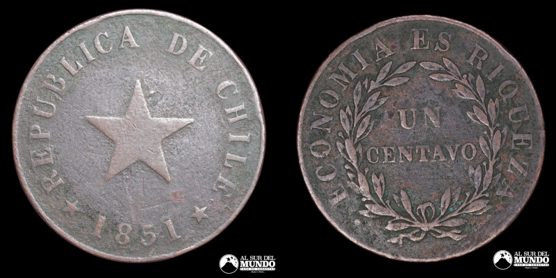 Chile. 1 Centavo 1851. Cobre; 9,59 g.; 30 mm. F+.

Estimate: USD 10 - 20

NO...