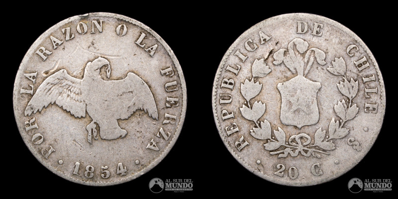 Chile. 20 Centavos 1854. Serie conocida como "Paloma". Plata 900; 23mm; 4.74g; K...