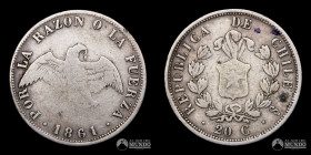 Chile, Santiago. 20 Centavos "Paloma". 1861 (doble 6).