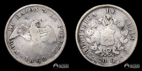Chile, Santiago. 20 Centavos "Paloma". 1862.