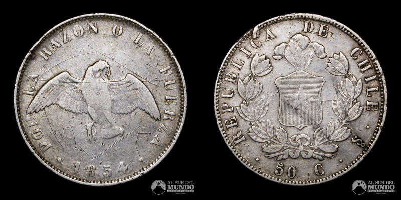 Chile, ceca de Santiago. 50 Centavos "Paloma". 1854. Anverso: Condor de alas des...