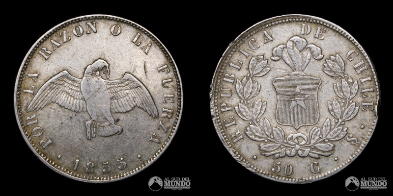 Chile. Santiago. 50 Centavos 1855. Plata 900. 30 mm. 12,52 g. KM 128. (XF)

Es...