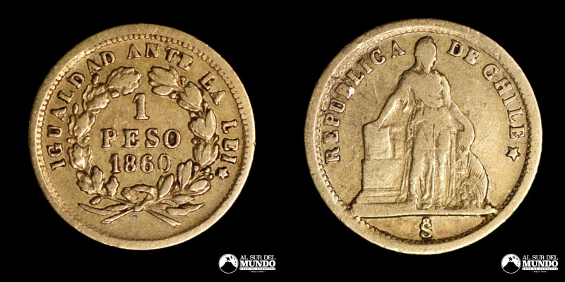 Chile, Santiago. 1 Peso. 1860. Anverso: Libertad de pie, tocada con gorro frigio...