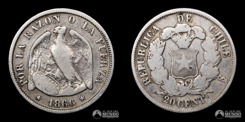 Chile, ceca de Santiago. 20 Centavos "Pechugon". 1866. Anverso: Condor heraldico...