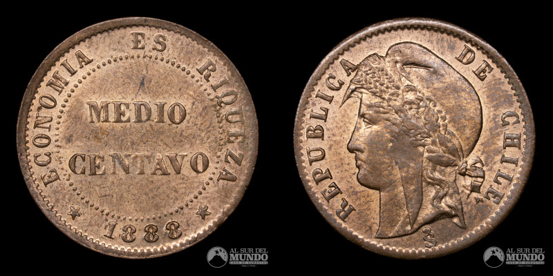 Chile, ceca de Santiago. ½ Centavo 1888. Cobre; 3g; 19mm; KM148a; (AU+)

Estim...