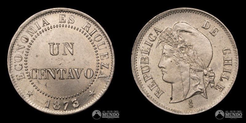 Chile, ceca de Santiago. 1 Centavo 1873. Cuproniquel; 5 g.; 21,3 mm. AU. KM 146....