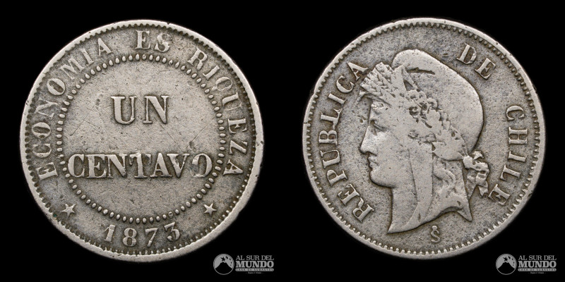 Chile, Santiago. 1 Centavo 1873. Cuproniquel; 21.3mm; 4.89g; (VF)

Estimate: U...