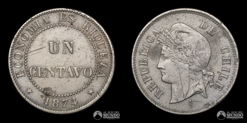 Chile, Santiago. 1 Centavo 1874. Cuproniquel; 21.3mm; 4.99g; (VF)

Estimate: U...