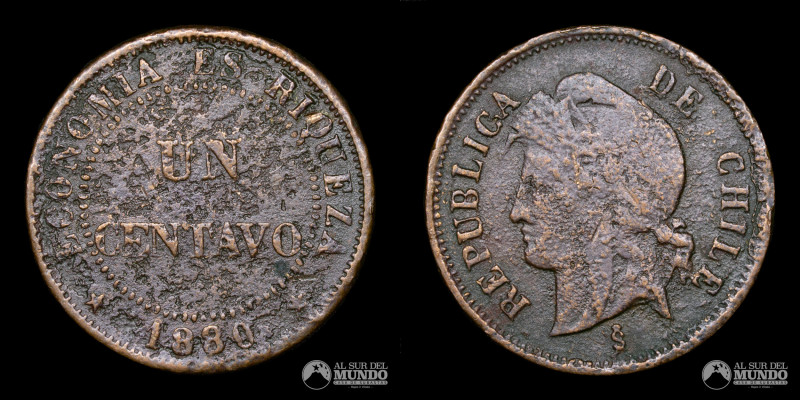 Chile, Santiago. 1 Centavo 1880. Cobre; 21.3mm; 4.66g; (VF+)

Estimate: USD 10...