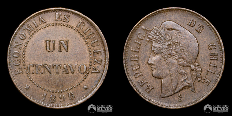 Chile, Santiago. 1 Centavo 1896. Cobre; 21.3mm; 5.06g; (VF+)

Estimate: USD 10...