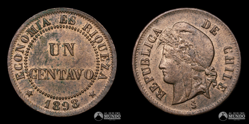Chile, Santiago. 1 Centavo 1898. Cobre; 21.3mm; 5.11g; (XF)

Estimate: USD 15 ...