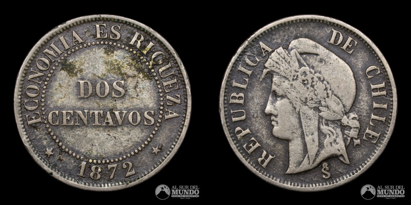 Chile, Santiago. 2 Centavos 1872. Cuproniquel; 25mm; 6.85g; KM 147 (VF)

Estim...