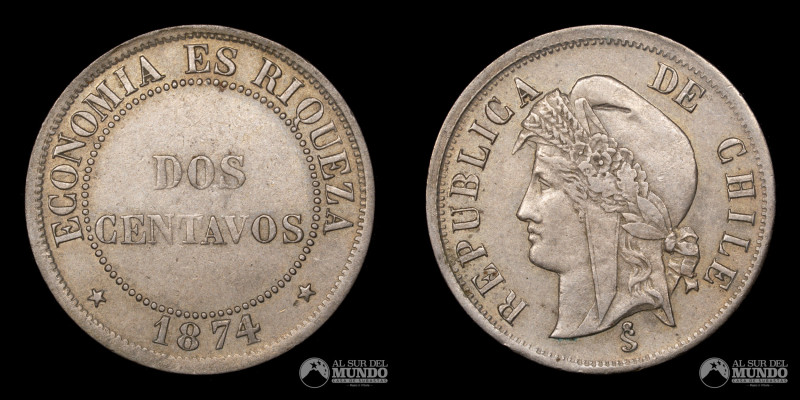 Chile, ceca de Santiago. 2 Centavos 1874. Cuproniquel; 7 g.; 25 mm. XF-. KM 147....