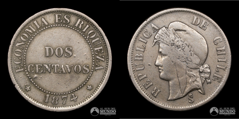 Chile, Santiago. 2 Centavos 1874. Cuproniquel; 25mm; 6.76g; KM 147 (VF-)

Esti...
