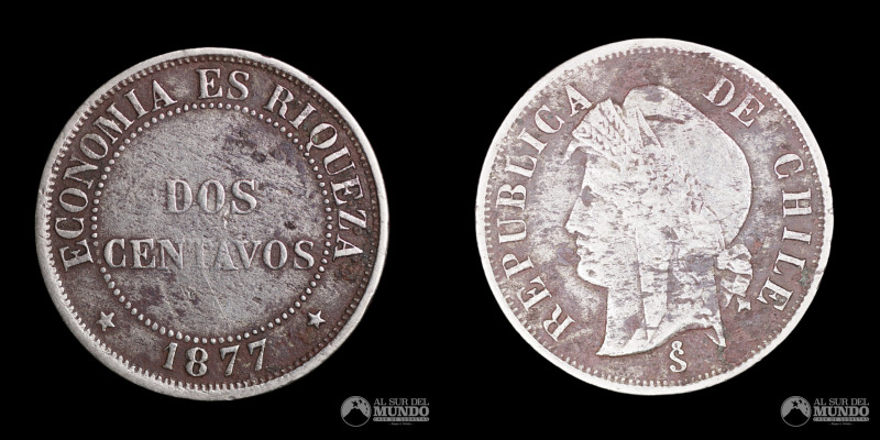 Chile, ceca de Santiago. 2 Centavos 1877. Cuproniquel; 6,84 g.; 25 mm. XF. KM 14...