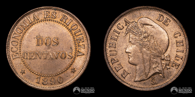 Chile, ceca de Santiago. 2 Centavos 1890. Cobre; 7 g.; 25 mm. AU. KM 147a.

Es...