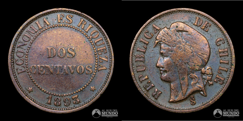 Chile, Santiago. 2 Centavos 1893. Cobre; 25mm; 6.80g; KM 147 (F+)

Estimate: U...