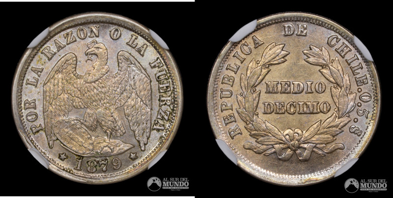 Chile, Santiago. 1/2 Decimo 1879. Anverso: Condor heraldico con alas abiertas de...