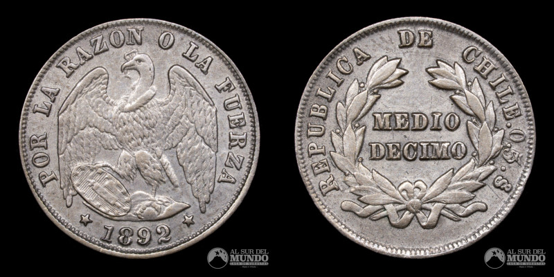 Chile. 1/2 (Medio) Decimo 1892. Plata 835; 15.5mm; 1.15g; KM 137.2 (XF+)

Esti...