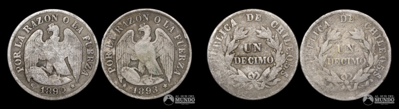 Chile, ceca de Santiago. Pareja de monedas: 1 Decimo "Aguila". 1892-1893. Anvers...