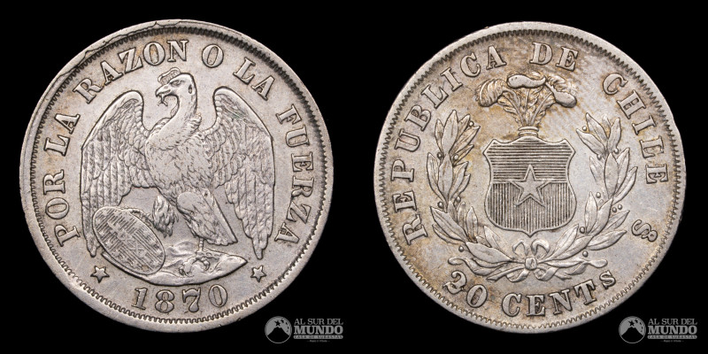 Chile. 20 Centavos 1870. Serie conocida como "Aguila". Plata 835; 23mm; 4.80g; K...