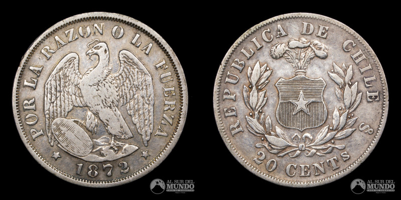 Chile. 20 Centavos 1872. Serie conocida como "Aguila". Plata 835; 23mm; 4.77g; K...