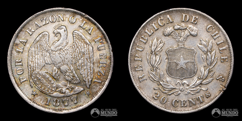 Chile, ceca de Santiago. 20 Centavos "Aguila". 1877. Anverso: Condor heraldico c...