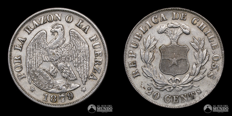 Chile. Santiago. 20 Centavos 1879. Ag. 500. 23 mm. 5,03 g. KM 138.2. (XF)

Est...
