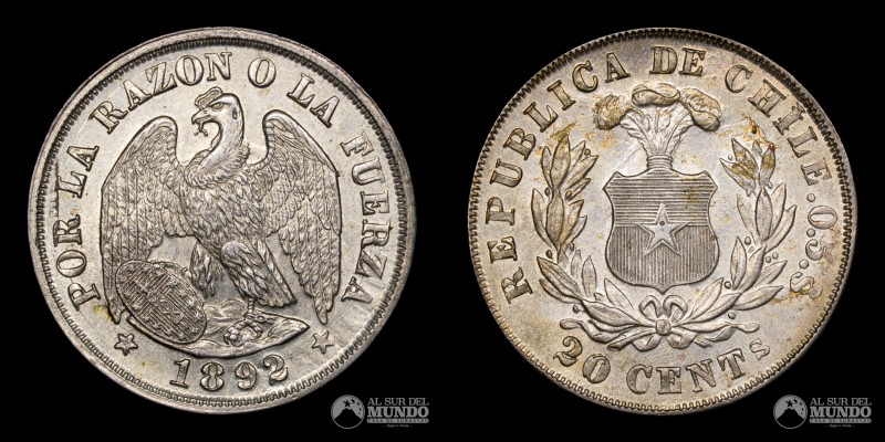 Chile, Santiago. 20 Centavos. 1892. Anverso: Condor con alas abiertas de pie, su...