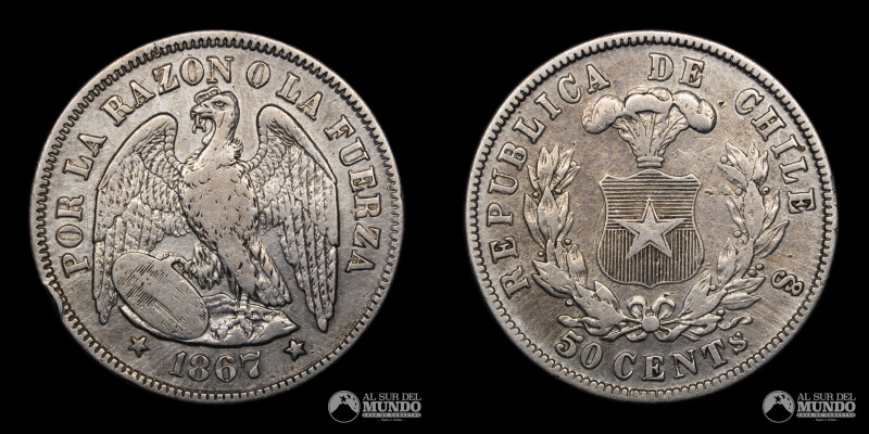Chile, Santiago. 50 Centavos 1867. 30mm; Plata 900; 12.31g; (VF+) KM139

Estim...