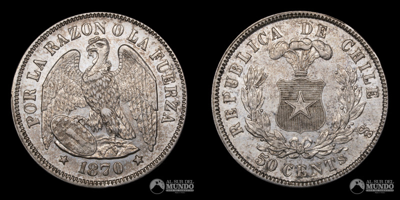 Chile. Santiago. 50 Centavos 1870. Plata 900. 30 mm. 12,46 g. KM 139 (UNC)

Es...