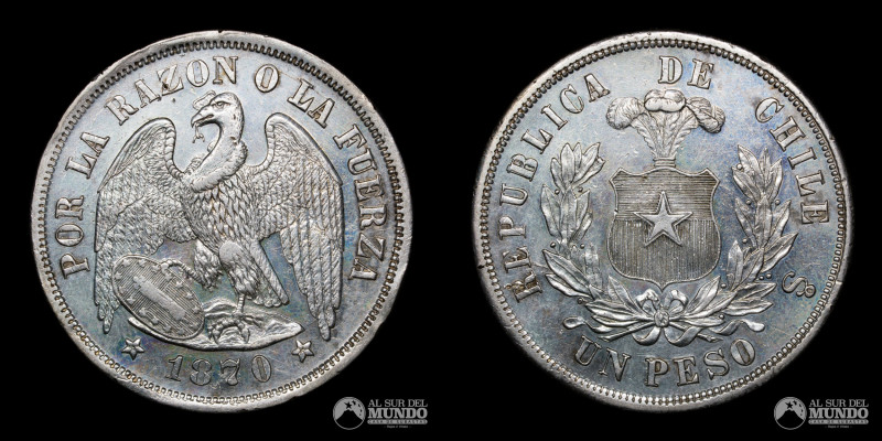 Chile, Ceca de Santiago. 1 Peso 1870. Conocido como Peso "Aguila". Ag.900; 37mm;...