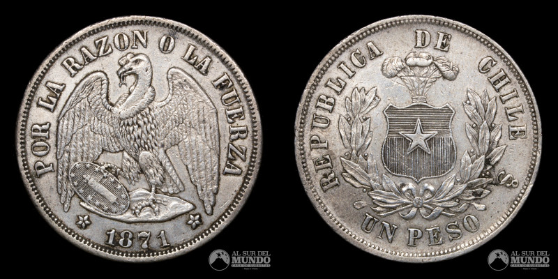 Chile, ceca de Santiago. 1 Peso "Aguila". 1871. Anverso: Condor heraldico con al...