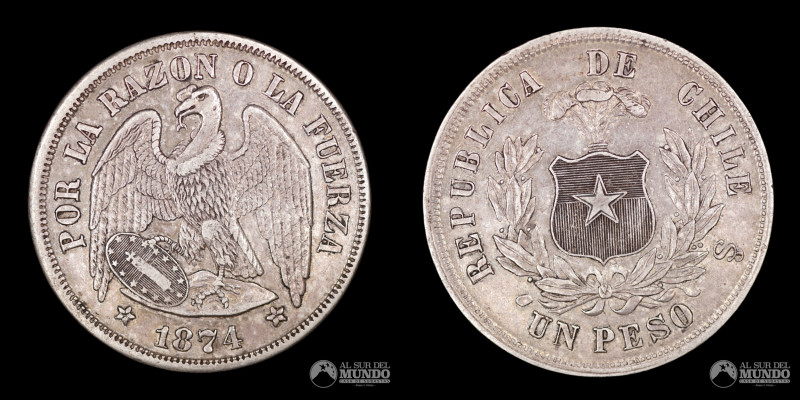 Chile, ceca de Santiago. 1 Peso "Aguila" 1874. Plata 900; 24,85 g.; 37 mm. XF. K...