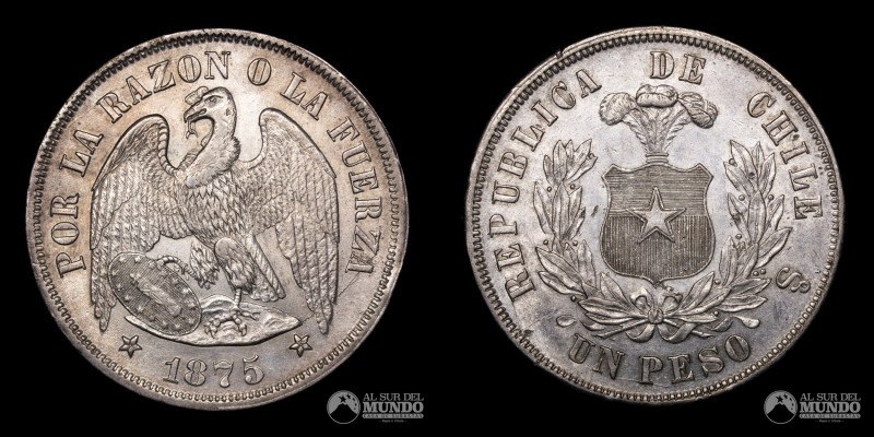 Chile. Santiago. Republica. 1 Peso 1875. Plata 900. 37 mm. KM 24,92 g. KM 142 (X...