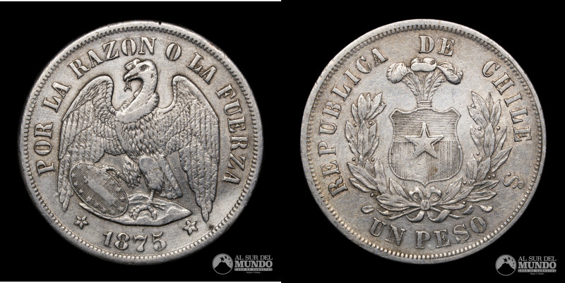 Chile. Santiago. Republica. 1 Peso 1875. Plata 900, 37 mm. 24,97 g. KM 142. (XF)...