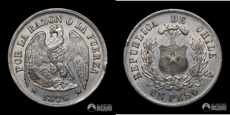 Chile. Santiago. Republica. 1 Peso 1876. Variante N.M. Nicolas Meneses. Plata 90...