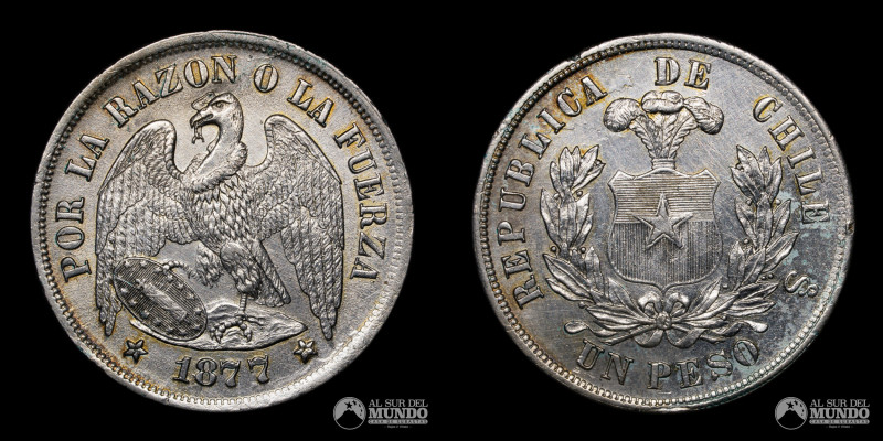 Chile, Ceca de Santiago. 1 Peso 1877. Conocido como Peso "Aguila". Ag.900; 37mm;...