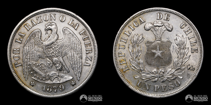 Chile, Ceca de Santiago. 1 Peso 1879. Conocido como Peso "Aguila". Ag.900; 37mm;...