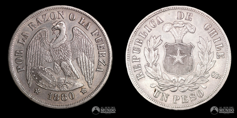 Chile, ceca de Santiago. 1 Peso "Aguila" 1880. Plata 900; 24,9 g.; 37 mm. XF. KM...