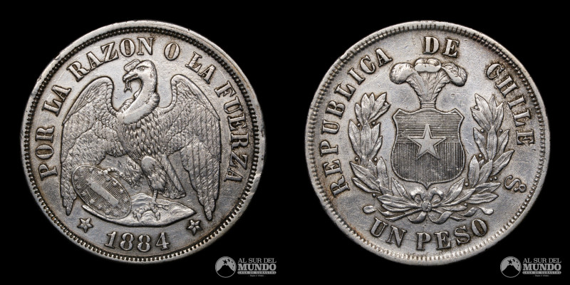 Chile, Ceca de Santiago. 1 Peso 1884. Conocido como Peso "Aguila". Ag.900; 37mm;...