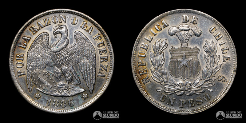 Chile, Ceca de Santiago. 1 Peso 1886. Conocido como Peso "Aguila". Ag.900; 37mm;...
