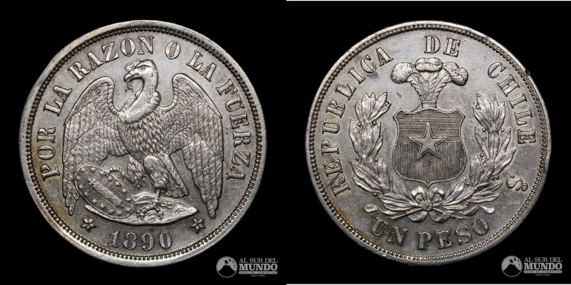 Chile, Ceca de Santiago. 1 Peso 1890/9X. Conocido como Peso "Aguila". Ag.900; 37...