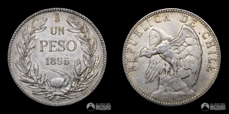 Chile. Santiago. 1 Peso 1895. Plata 835. 35 mm. 20,00 g. XF; limpiada. KM 152.1....