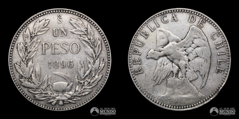 Chile. Santiago. 1 Peso 1896. Plata 835. 35 mm. 20,00 g. KM 152.1 (XF)

Estima...