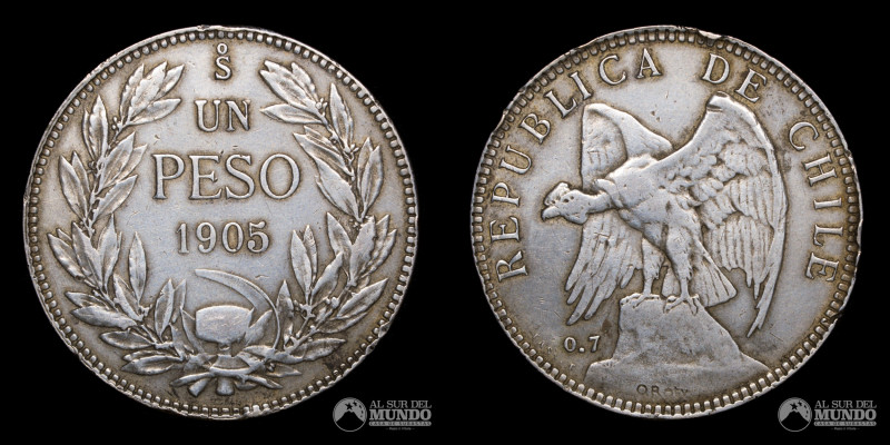 Chile, Santiago. 1 Peso 1905. Ag.700; 34.9mm; 20g; KM152.2 (VF+)

Estimate: US...